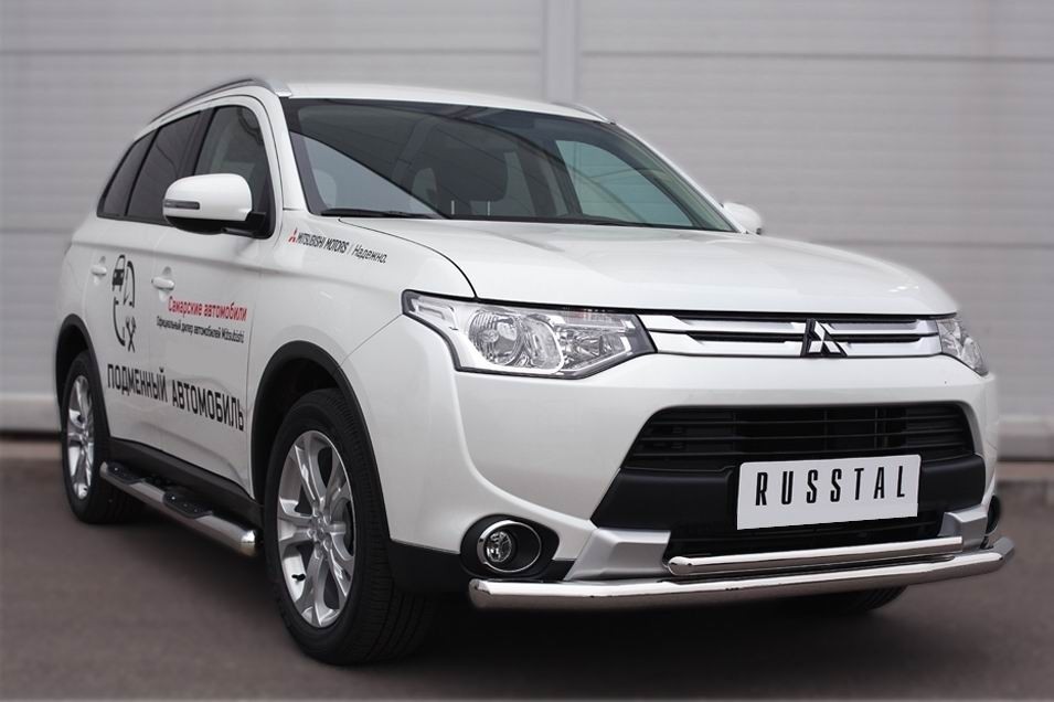 Руссталь MORT-001898 пороги труба d76 с накладкой (со скругленными торцами) на Mitsubishi Outlander 2014