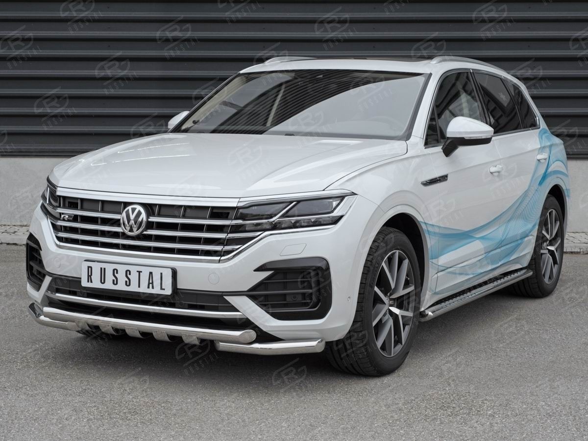 Руссталь VWTZ-003059 защита переднего бампера d63 дуга-d63 уголки+клыки на Volkswagen Touareg 2018-