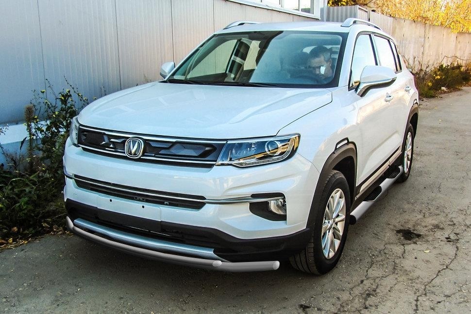 Slitkoff CHANCS35P-002S защита переднего бампера d42 + d32 двойная серебристая Changan CS35 Plus (2019)