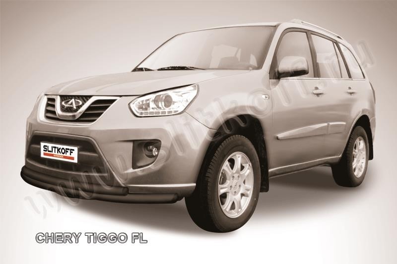 Slitkoff CT-FL-002B защита переднего бампера d57+ d42 двойная черная Chery Tiggo FL (2013)
