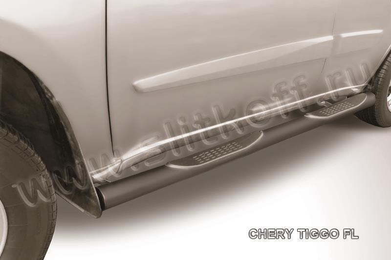 Slitkoff CT-FL-004B защита порогов d76 с проступями черная Chery Tiggo FL (2013)