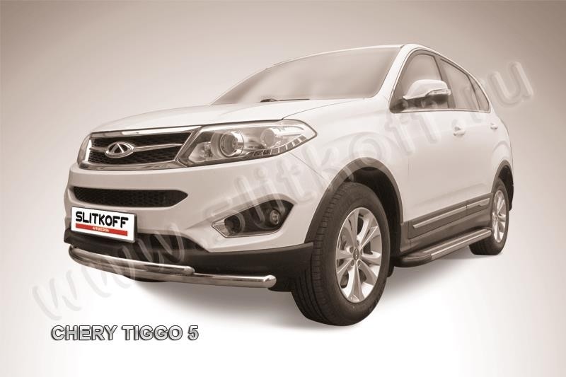 Slitkoff CT5-002 защита переднего бампера d57+ d42 двойная радиусная Chery Tiggo 5