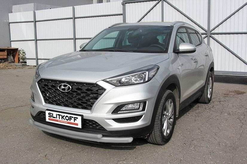 Slitkoff HT18001S защита переднего бампера d57+ d42 двойная серебристая Hyundai Tucson (2018)