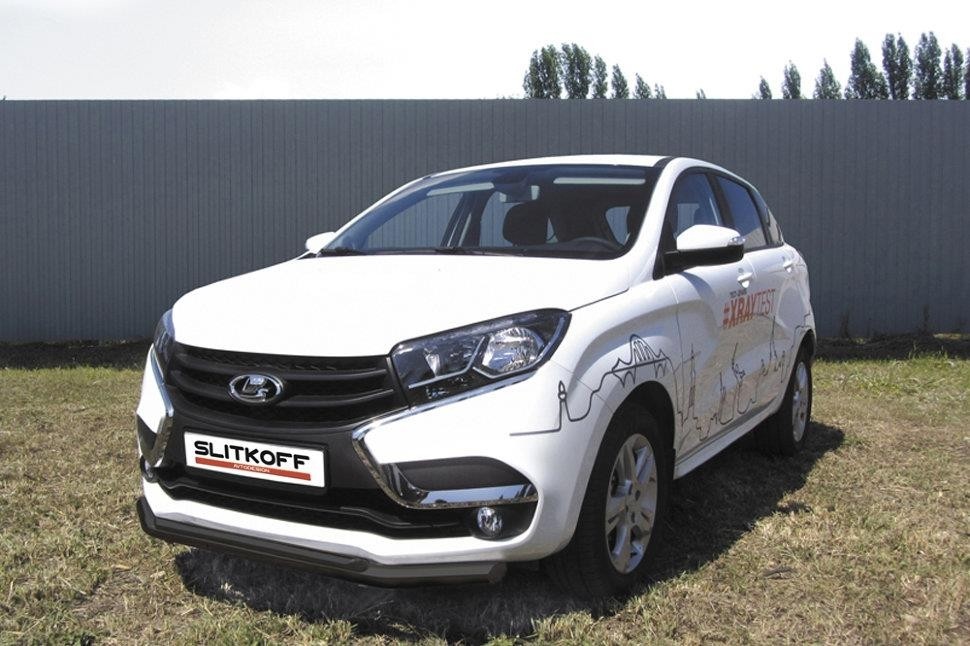 Slitkoff LadXR003B защита переднего бампера d57 + d42 двойная черная Lada XRay