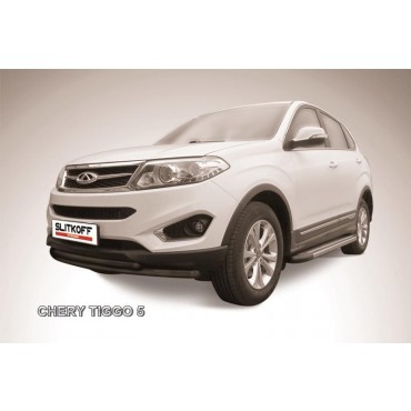 Slitkoff CT5-002B защита переднего бампера d57+ d42 двойная радиусная черная Chery Tiggo 5